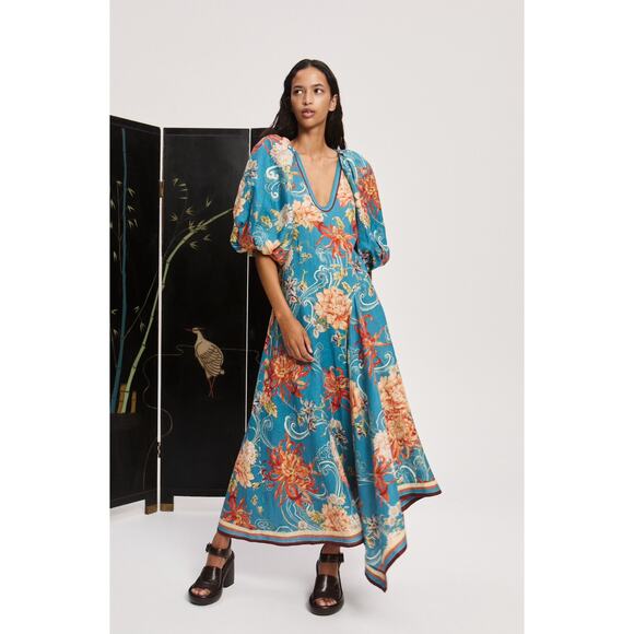 ALEMAIS fletcher puff-sleeve ramie midi dress US 2 - Picture 1 of 7